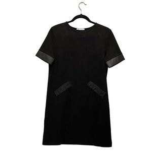 Zara Black Faux Suede Shift Dress w Faux Leather Accents and Pockets - S
